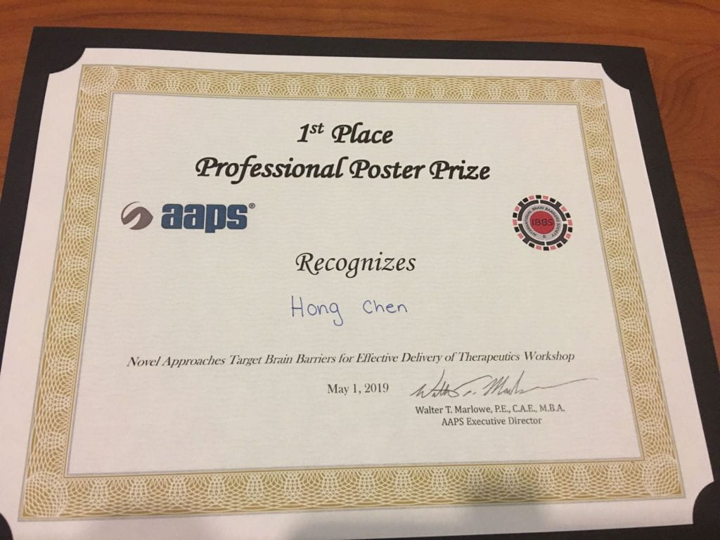 Dr.HongChen got the 1st place professional poster prize at aaps